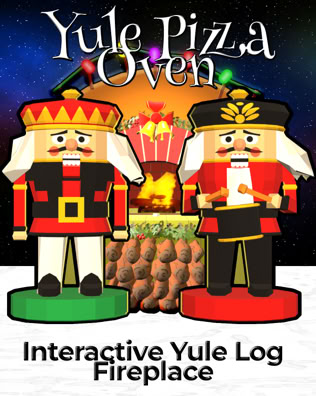 Two cartoon nutcrackers look at the viewer. One is standing at attention and the other has a drum. There is a pizza oven in the background. It's captioned, "Yule Pizza Oven: Interactive Yule Log Fireplace."