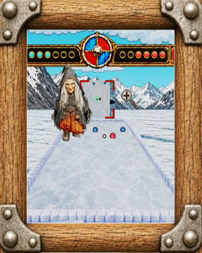 A digital game interface with a snowy landscape, featuring a character in a robe, a path with colored stones, and a wooden frame with metal bolts.