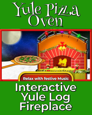 A backyard pizza oven has a fire going on a starry night with snow on the ground. A pie is about to be placed inside. It's labled, "Relax with festive music." It's captioned, "Yule Pizza Oven: Available for Android in the Play Store."