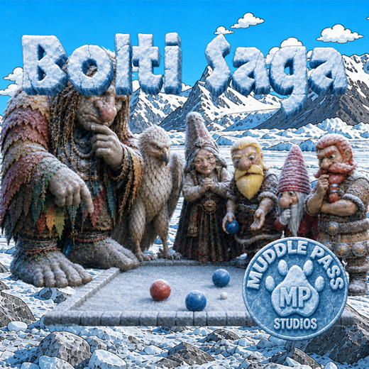 A group of fantasy characters, including a large troll and several dwarves, stand around a game board with colored balls. Snowy mountains are in the background. The text "Bolti Saga" is at the top, and "Muddle Pass Studios" is at the bottom.