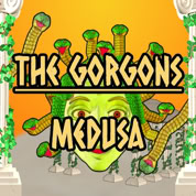 The Gorgons: Medusa title card with Medusa's head with hair made of snakes slithering framed by Ionic columns. The title is in front.
