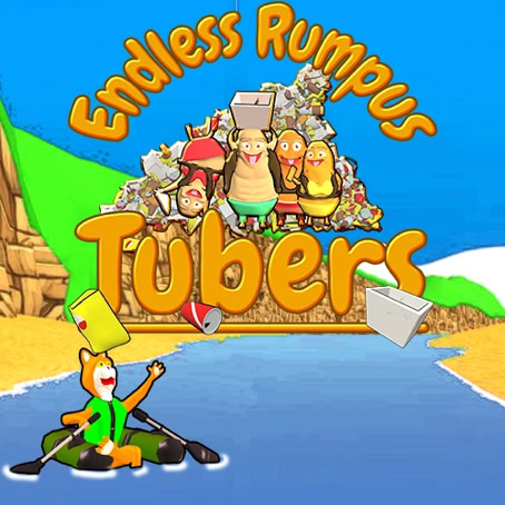 The Endless Rumpus: Tubers title card with one of the wildcats riding a float down the river. A group of Tubers celebrate while surrounded by the title