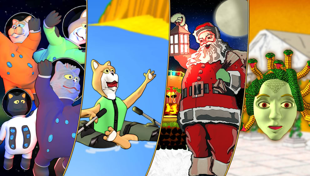 A collage of four vertical panels showcasing games available in the Google Play Store. It features various cartoon characters from those games including Endless Rumpus, The Gorgons: Medusa, and Yule Pizza Oven.
